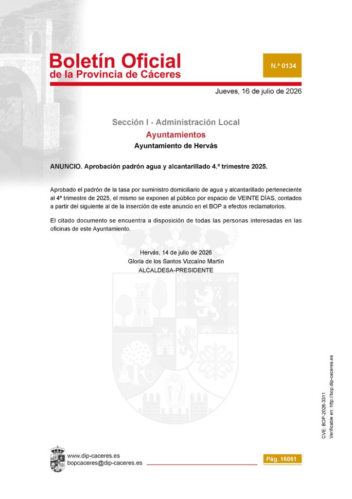 20260716_Otros_Aprobación padrón agua y alcantarillado 4º trimestre 2025